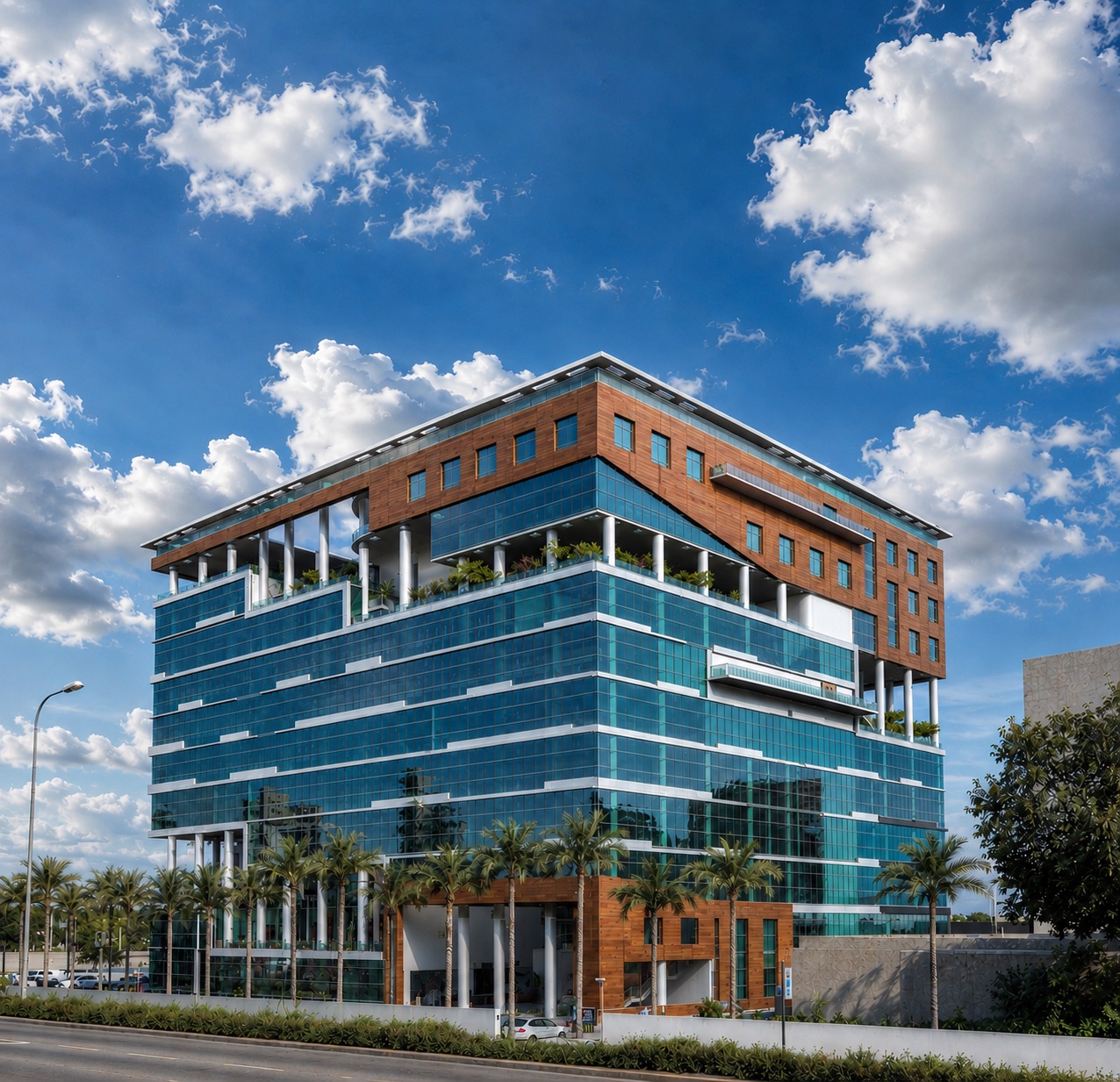 BBVATS institutional office building — glass and timber facade